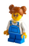LEGO cty1226 Girl - Blue Overalls over V-Neck Shirt, Dark Orange Hair Short, Parted with Two Pigtails, Red Glasses