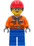 LEGO cty1272 Construction Worker - Female, Chest Pocket Zippers, Belt over Dark Gray Hoodie, Blue Legs, Red Helmet with Dark Brown Hair