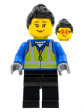 LEGO hol279 Woman, Black Hair, Blue Coat, Lime Safety Vest, Black Legs