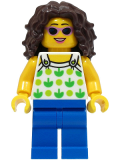 LEGO twn462 Beach Tourist - Female, White Top with Green Apples and Lime Dots, Blue Legs, Dark Brown Hair